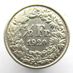 Švýcarsko 1/2 frank 1920 B
